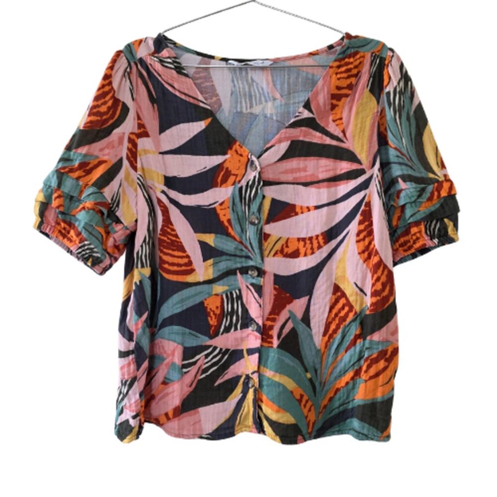 Sonoma Goods For Life Tropical Button Front Blouse Multicolor Print Womens M